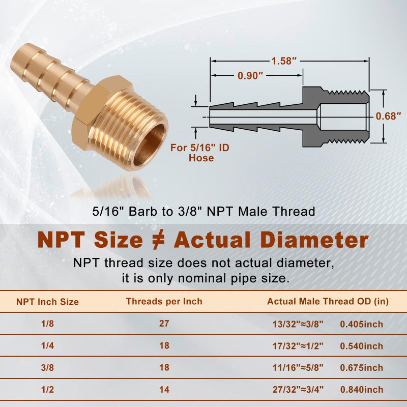 Boeray 5pcs Brass Hose Barb Fittings 5/16 Inch Barb to 3/8 Inch NPT Male Thread Air Hose Fittings Adapter Connector Water Fuel Air Line Fittings 5/16â€ Ã— 3/8â€ NPT Brass Fittings - Image 2